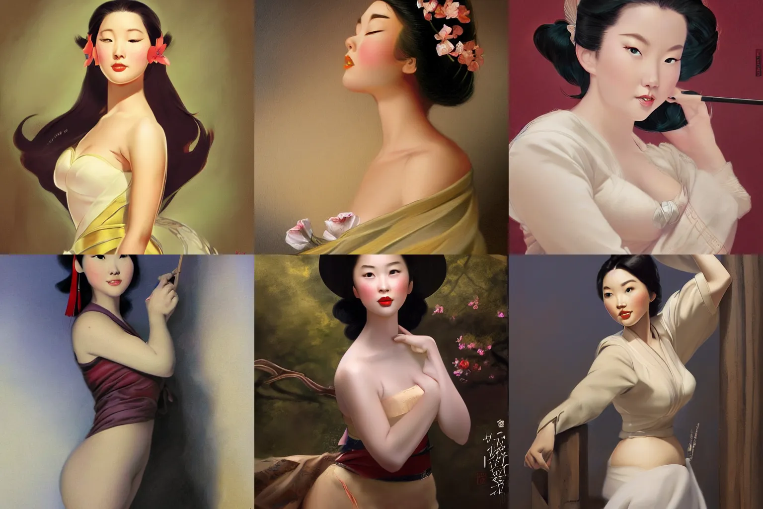 Prompt: portrait of a young curvaceous mulan, dreamy and ethereal, blossoms, expressive pose, peaceful expression, elegant, highly detailed, digital painting, artstation, concept art, smooth, sharp focus, by gil elvgren by harry ekham