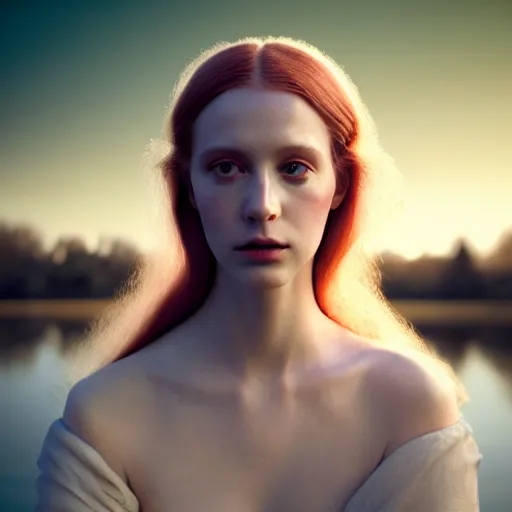 Image similar to photographic portrait of a stunningly beautiful english renaissance female in soft dreamy light at sunset, beside the river, soft focus, contemporary fashion shoot, in a denis villeneuve and tim burton movie, by edward robert hughes, annie leibovitz and steve mccurry, david lazar, jimmy nelsson, extremely detailed, breathtaking, hyperrealistic, perfect face, octane render