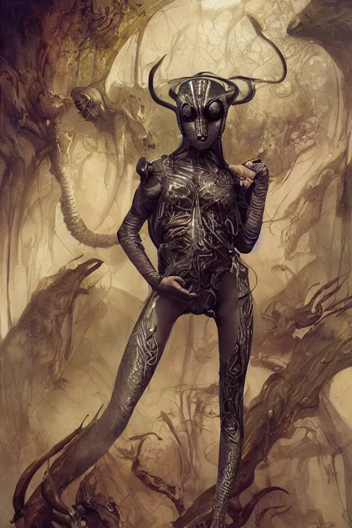 Image similar to a fashion editorial of a alien with scaled skin meditating. she is wearing a tactical suit and has many body modifications. by tom bagshaw, donato giancola, hans holbein, walton ford, gaston bussiere, brian froud, peter mohrbacher and magali villeneuve. 8 k, fashion editorial, cgsociety