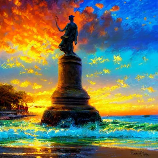 Prompt: acrylic painting, impressionism and expressionism, strong emotional impact, bold pastel colors, expressive brushstrokes. by peter mohrbach and mark keathley. fantasy illustration of the shore of the island of monuments and statues. spectacular sunset, stone monuments on the beach. beautiful and vivid trending on artstation hq 8 k contest winner # wow