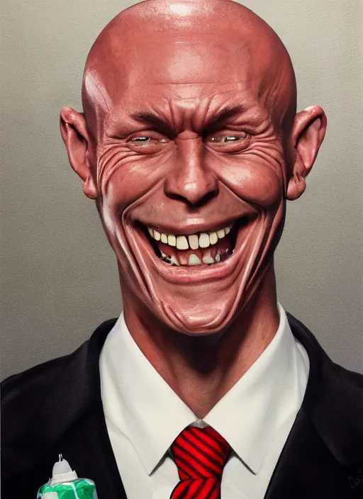 Image similar to a hyper realistic portrait of a smiling male alien in a suit for advertisement, artstation