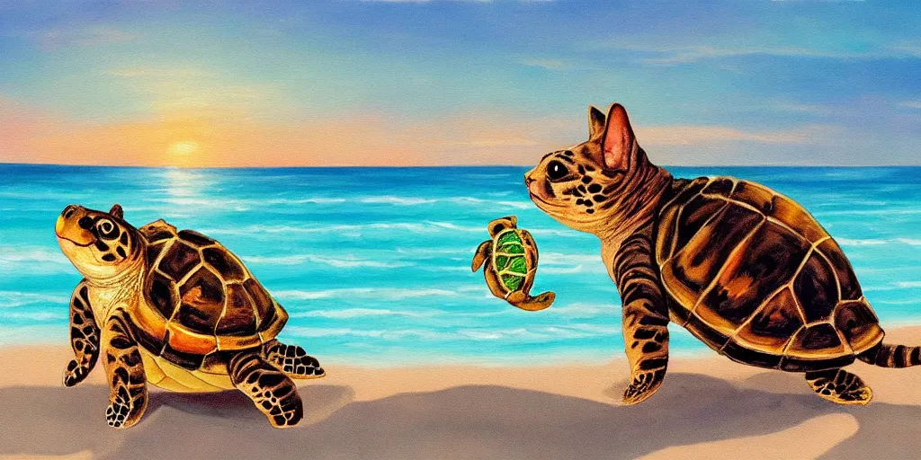 Prompt: painting of a cat on the beach playing with a turtle in the ocean