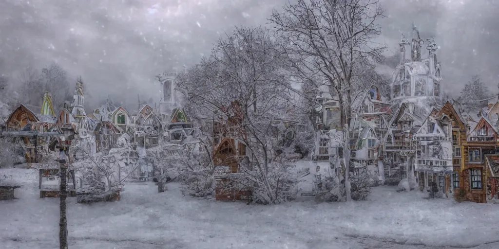 Image similar to Distorted Fantasy town covered in clear translucent snow