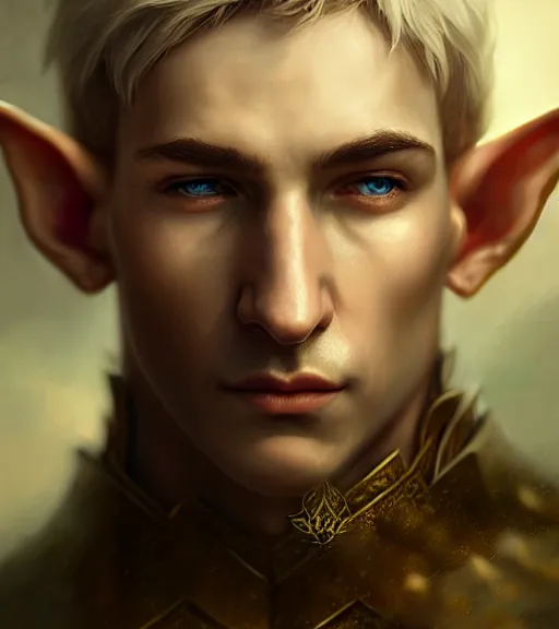 Image similar to portrait of a male elf in heightened detail, poised, intense emotion, detailed facial expression, 8 k, hyperrealistic, detailed surroundings, intricate, elegant, highly detailed, centered, digital painting, cgsociety, concept art, smooth, sharp focus, illustration, by ( ross tran ), wlop