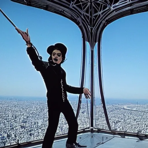 Prompt: old Michael Jackson recording music video in top of the Eiffel Tower, 4k 2022