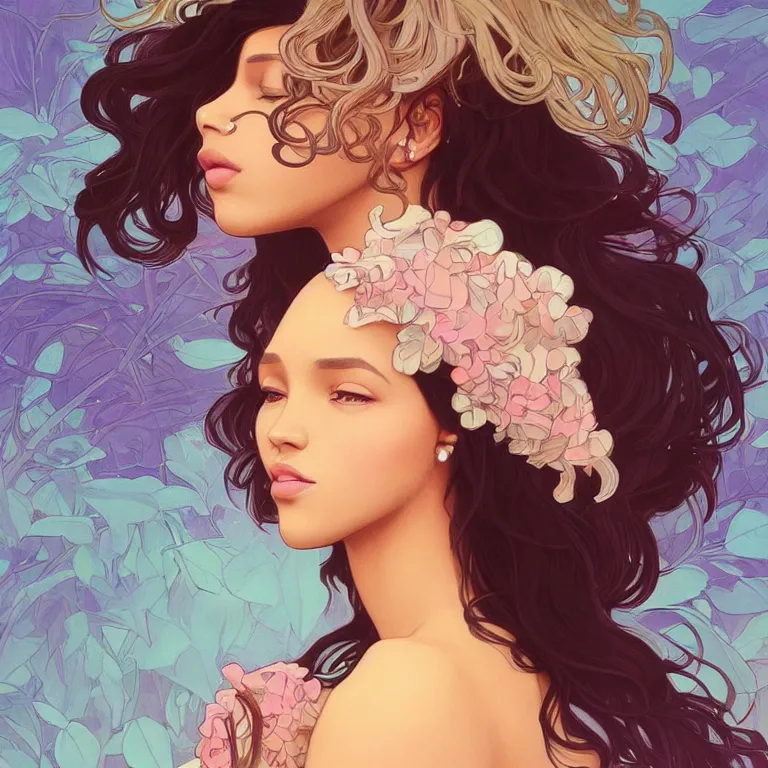 Prompt: beautiful black woman with gorgeous pastel balayage hairstyle, as seen on artgerm, octane render, in the style of alphonse mucha, ultra realistic, highly detailed, 8 k