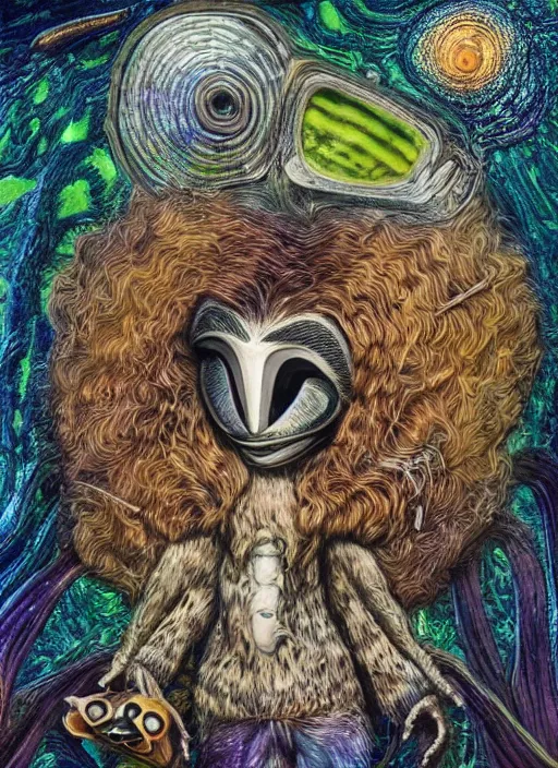 Image similar to portrait of humanoid raccoon surfer made of mycelium and iridescent scales, amanita muppet punk, basil wolverton, r crumb, hr giger, dali