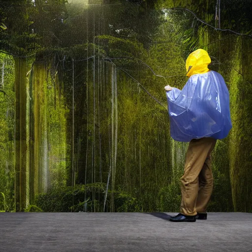 Image similar to photo studio with rainforest and foggy background. fisherman in yellow balenciaga cloth, plastic bag and black mask. photorealistic high resolution, redshift render, 8 k