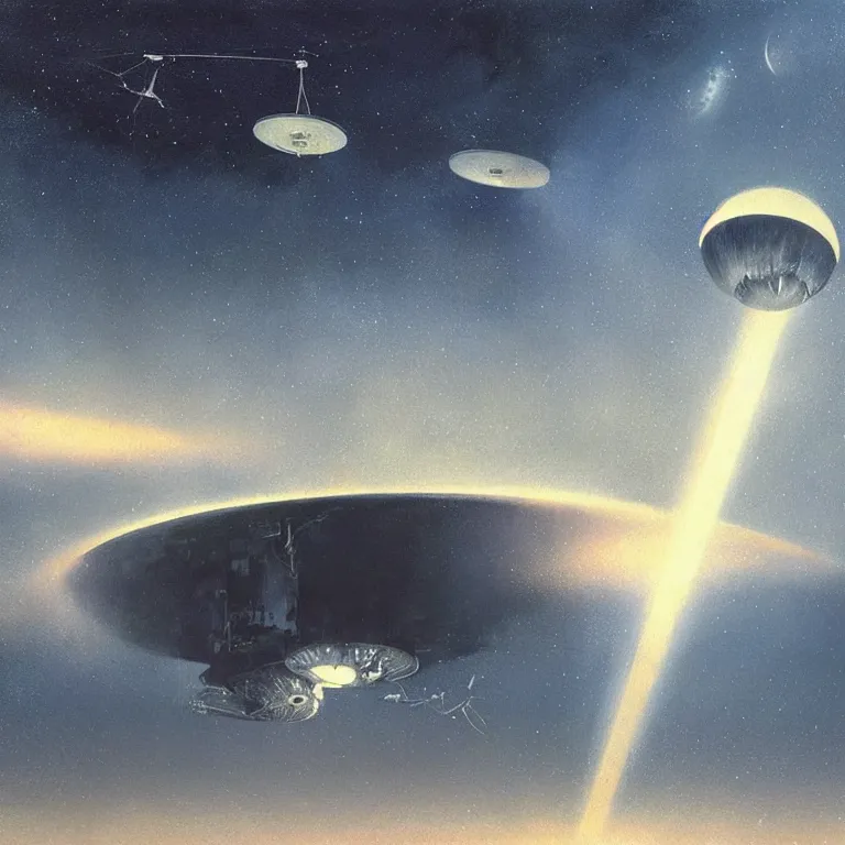 Image similar to “long umbrella space stations above a wispy hazy cloudy atmosphere of the planet Venus against a dark starry sky, space elevator, radio antenna, sci-fi concept art, by John Harris, by John Berkey, 8k beautiful image, highly detailed painting”