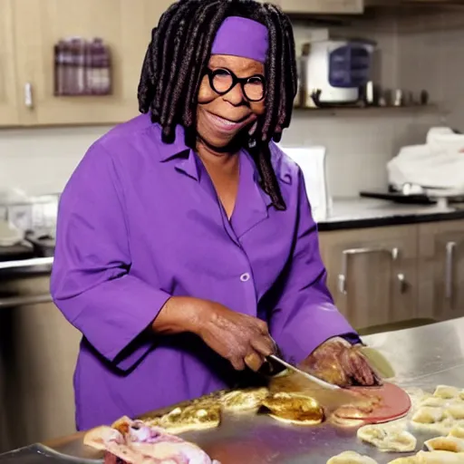 Prompt: whoopi goldberg making potstickers on the moon wearing purple