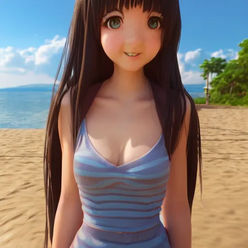 Image similar to Render of a very beautiful 3d anime girl, long hair, hazel eyes, cute freckles, short smile, cute sundress, golden hour, serene beach setting, medium shot, mid-shot, highly detailed, trending on Artstation, Unreal Engine 4k