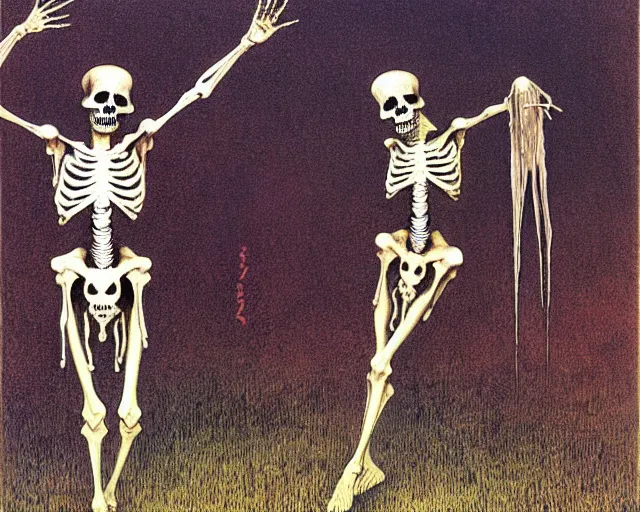 Image similar to eastern european springtime skeleton dancing danse macabre by zdzisław beksinski and gustave dore and alphonse mucha