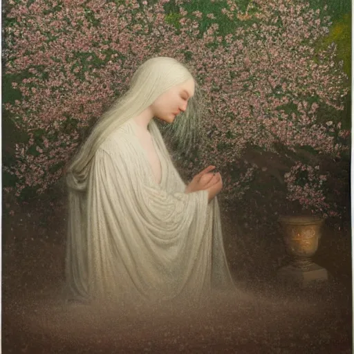 Image similar to a crying woman in a white gown kneeling at a beautiful shrine under a cherry blossom tree, rainy wet, ultradetailed, hd 8 k, agostino arrivabene, oil on canvas, detailed brushstrokes