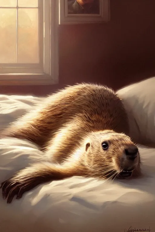 Image similar to drug addicted groundhog lies on the bed, realistic portrait, highly detailed, digital painting, artstation, concept art, smooth, sharp focus, illustration, cinematic lighting, art by artgerm and greg rutkowski and alphonse mucha