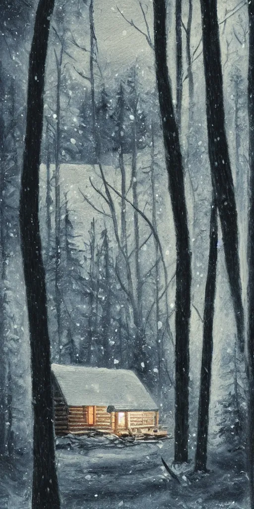 Prompt: snowy forest night scene in a single wooden cabin surrounded by the woods with one illuminated window, horror dark contrast, oil painting