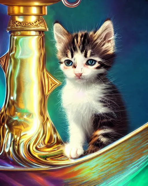 Image similar to cute kitten inside an ornate sail boat of iridescent liquid, alchemy, shiny plastic, intricate, bloom, detailed, volumetric lighting, sharp focus, photorealism, digital painting, highly detailed, concept art, by by artgerm and wlop