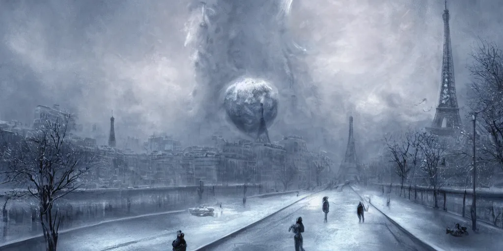 Image similar to nuclear winter, paris, near future, fantasy, sci - fi, hyper realistic, serene.