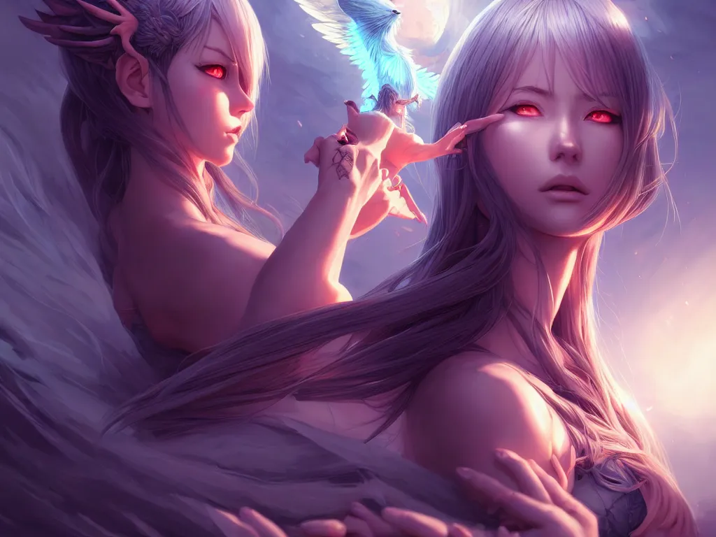 Prompt: cynical summoner girl with their mythical creatures, occlusion shadow, specular reflection, rim light, unreal engine, artgerm, artstation, art by hiroaki samura and ilya kuvshinov and ossdraws, intricate, highly detailed 8 k, fantasy illustration, extremely beautiful and aesthetic shape of face and clothes, movie poster