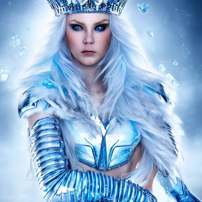 Prompt: photo of a very beautiful!! ice queen warrior with ice powers highly detailed 8 k hdr smooth sharp focus high resolution award - winning photo