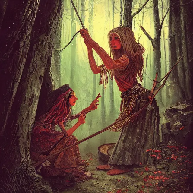 Image similar to баба яга, baba yaga, slavic folk fairytale, story, fable, dramatic, fantasy art, an ultrafine detailed painting, colorized, elegant, sharp focus, artstation, by pavel korin, viktor vasnetsov