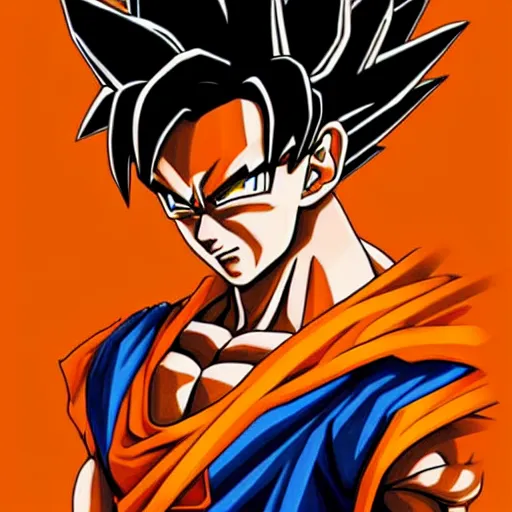 Image similar to Portrait of Super Saiyan Goku wearing, dark orange background , intricate, elegant, highly detailed, digital painting, artstation, concept art, smooth, sharp focus, illustration, art by artgerm and greg rutkowski and alphonse mucha