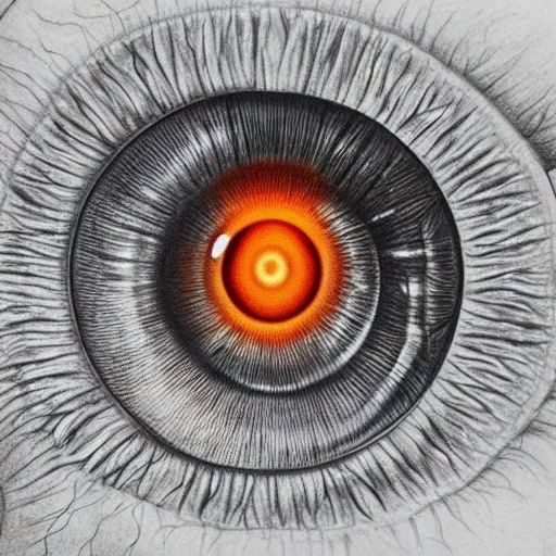 Image similar to hyper realistic pencil drawing of the human eye in the shape of snail shell, space background, unlimited detail, colored, space, dragon, intricate, detail, phoenix, orange