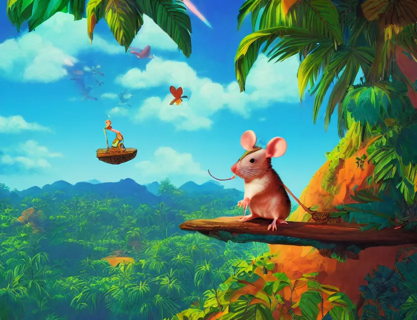 Image similar to adventurer mouse riding a bird above tropical landscape. complementary colors, vaporwave, gouache, indie concept art, bloom, chiaroscuro, backlighting, intricate details.