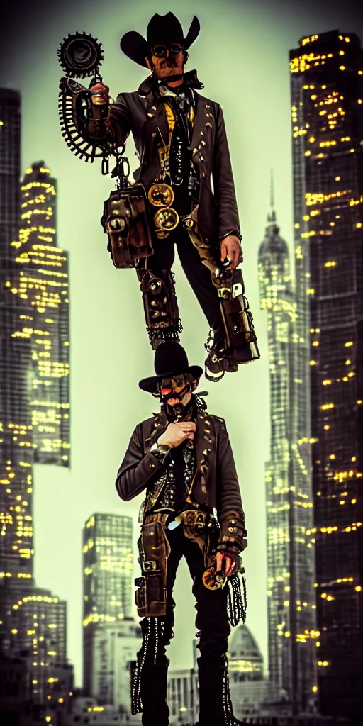 Prompt: Steampunk cowboy in a cyberpunk city