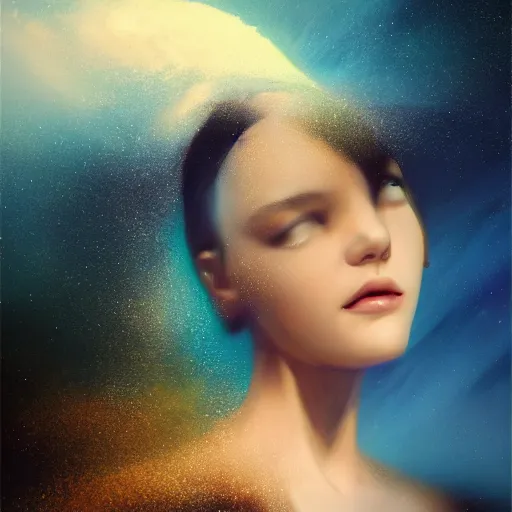 Prompt: 3 d, sci - fi, close - up, night, smiling fashion model full face, cinematic, moon rays, clouds, vogue cover style, blue mood, realistic painting, intricate oil painting, high detail illustration, figurative art, multiple exposure, poster art, 3 d, by tooth wu and wlop and beeple and greg rutkowski