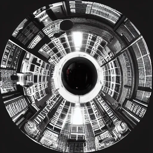 Image similar to city in space, art deco, fisheye lens