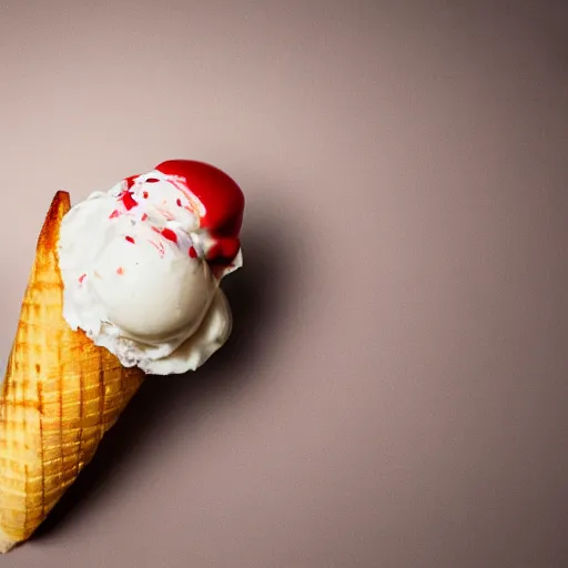 Prompt: a beautiful cone of icecream with french fries and ketchup on it, food photography, studio lighting