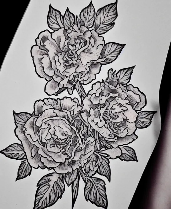 Prompt: amazing detailed tattoo line work stencil of carnations roses peonies and limonium flowers delicate and feminine