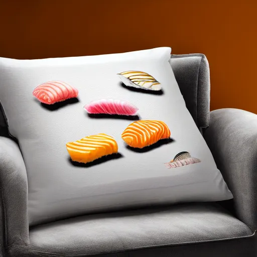 Image similar to a pillow in the shape of sushi, product photography, highly detailed, epic lighting, hyper photorealism, 8 k