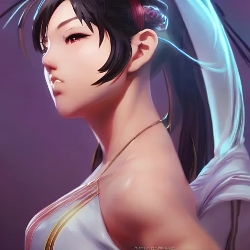 Image similar to A beautiful semi realistic anime portrait of Chun li, by Stanley Artgerm Lau, WLOP, Ross Tran, James Jean, Andrei Riabovitchev, Marc Simonetti, and Sakimichan, Hyung Tae Kim, trending on artstation H- 768