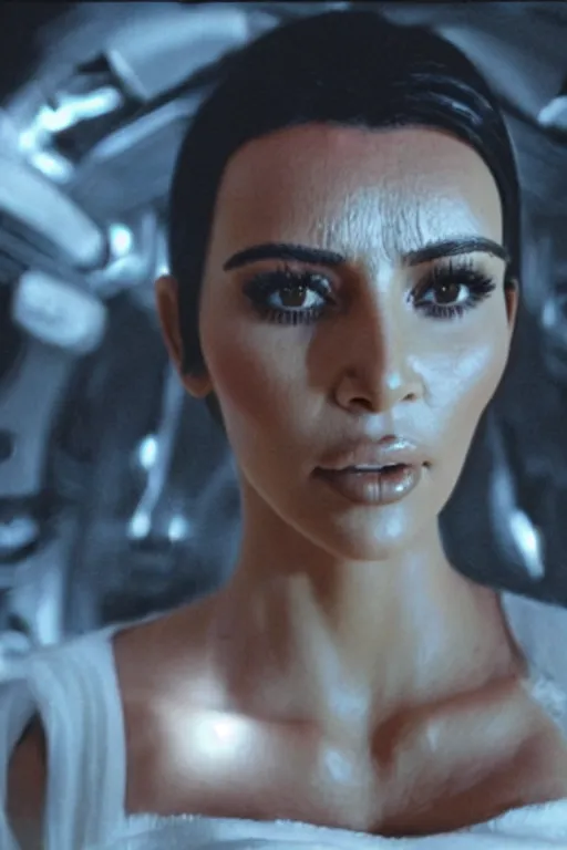 Image similar to film still of kim kardashian in the movie Alien, alien spider attached to her face as she tries to resist, scary, cinematic shot, 4k.