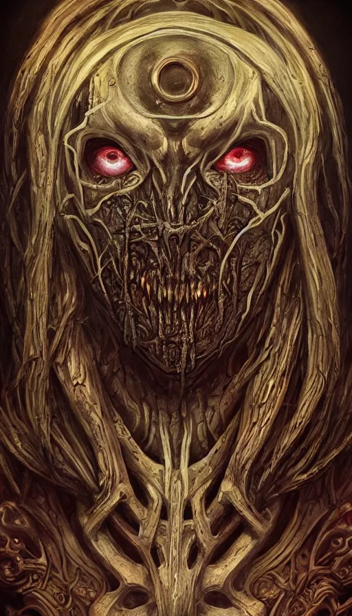 Image similar to Elden Ring and Doom themed painting of satanic demon hybrid cyborg beautiful angellic symmetrical face mask tattoo pattern concept, infinity glyph, intricate artwork by, Johnatan Wayshak, Zdizslaw Beksinski, face by Artgerm, H.R. Giger, very coherent artwork, cinematic, hyper realism, high detail, octane render, unreal engine, 8k, High contrast, golden ratio, trending on cgsociety, higly detailed black ink outline, crosshatch sketch gradient, ultra high quality model, production quality cinema model