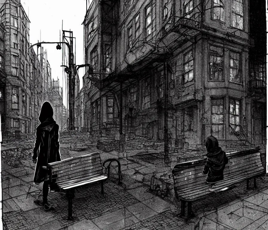 Prompt: sadie sink in hoodie sits on bench in ruined square, pedestrians walk by, steampunk tenements : storyboard, scifi cyberpunk. by gabriel hardman. cinematic atmosphere, detailed and intricate, perfect anatomy