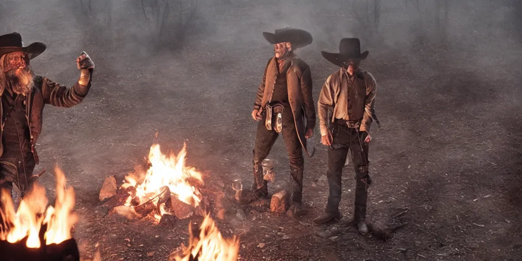 Prompt: birds - eye - view of rugged bandit cialien murphy ( ( alone ) ) in the old west, handcuffed by shackles at a campfire and thomas brodie - sangster ( ( alone ) ), violently fist fighting, volumetric lighting, cinematic, dark, grim, magic - the - gathering