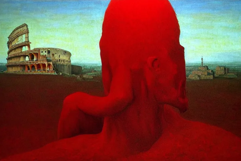 Image similar to only with red, caesar after win war, the deal, a red tiger, in hoc signo vinces, rome in background, an ancient path, in the style of beksinski, part by hopper, part by rodcenko, part by hofbauer, intricate composition, red by caravaggio, insanely quality, highly detailed, masterpiece, red light, artstation