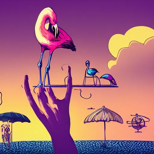 Image similar to A surreal comic noir illustration of a puzzle containing a beautiful woman and Flamingos on a desert beach oasis by Salvador Dali, dark vibes, high contrast, pastel lighting, cinematic, depth of field, 8k