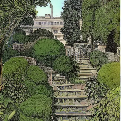 Image similar to old white house stairs into lush garden, drawing moebius