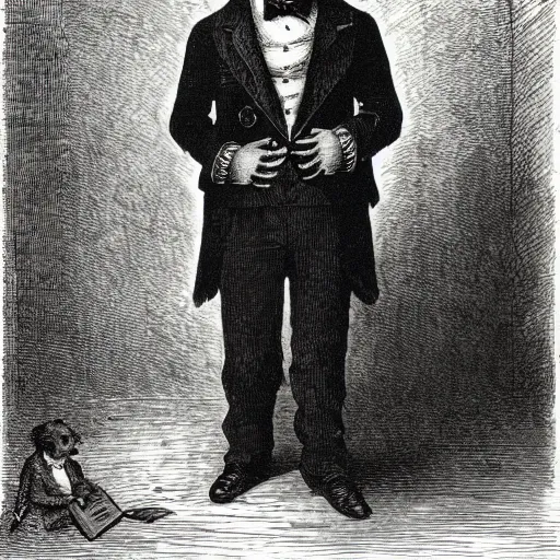 Image similar to a gentleman pig in a tuxedo, creepy, chiaroscuro, illustration by Gustave Doré,