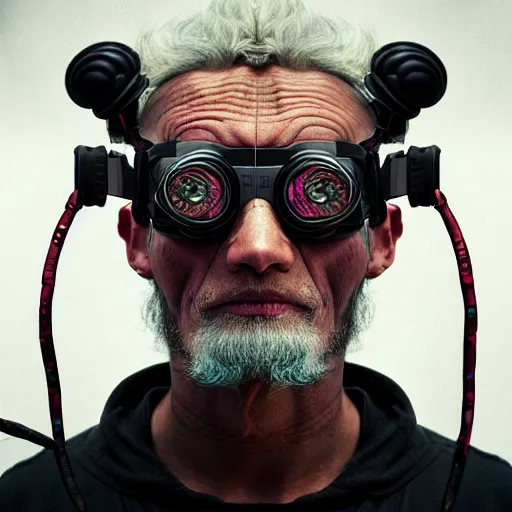 Prompt: Colour Photography of 1000 years old man with highly detailed 1000 years old face wearing higly detailed cyberpunk VR Headset designed by Josan Gonzalez Many details. Man raging screaming . In style of Josan Gonzalez and Mike Winkelmann andgreg rutkowski and alphonse muchaand Caspar David Friedrich and Stephen Hickman and James Gurney and Hiromasa Ogura. Rendered in Blender
