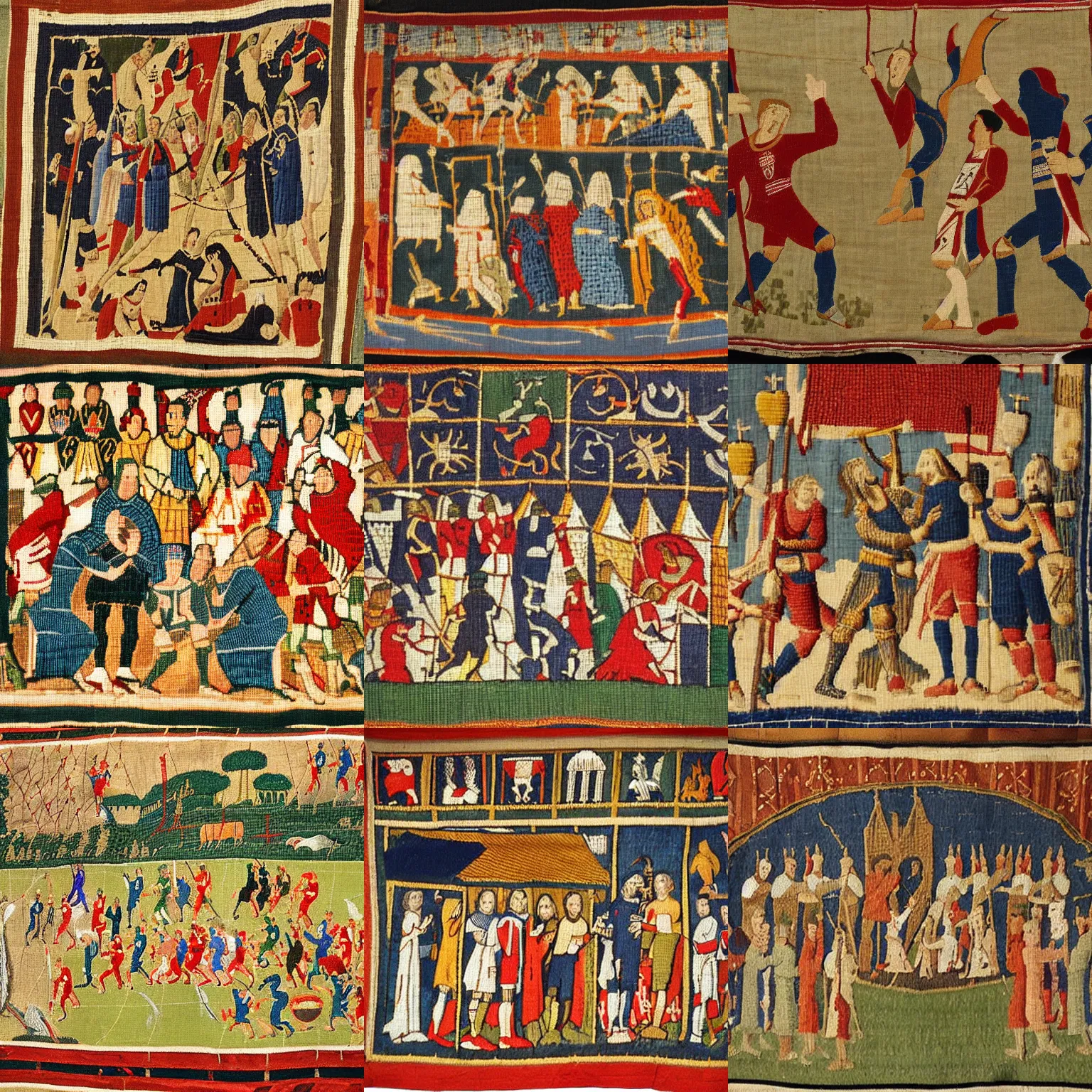 Prompt: a medieval tapestry showing a premier league football game