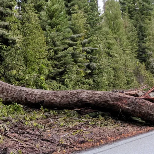 Image similar to fallen tree in highway traffic. Sasquatch hides in the forest