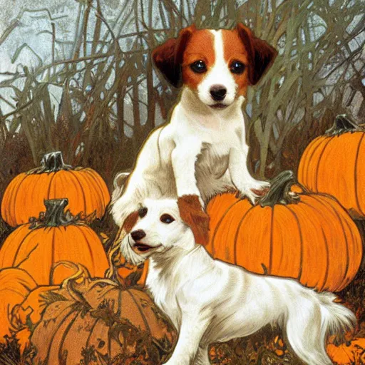 Prompt: a cute long haired jack russell puppy, white with brown spots and a brown patch over each eye, amidst piles of pumpkins. halloween autumn fall art. beautiful painting by alphonse mucha and artgerm and greg rutkowski