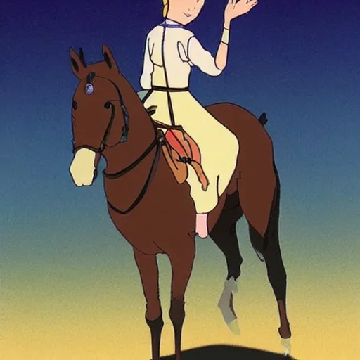 Prompt: a woman riding a horse through the desert in a nightgown, drawn by studio ghibli