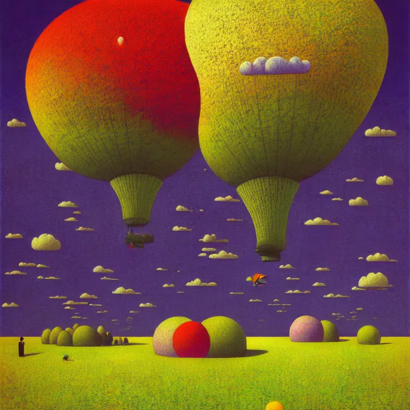 Prompt: surreal glimpse into other universe, airship floating sky, summer morning, very coherent and colorful high contrast, art by! gediminas pranckevicius, rene magritte! paul klee geof darrow, volumetric lighting, cinematic, floralpunk screen printing woodblock, dark shadows, hard lighting, stipple brush