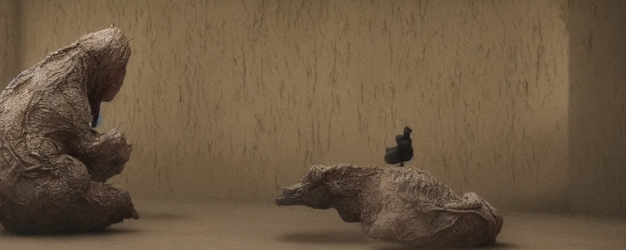 Image similar to a strange creature sits in the home room, film still from the movie directed by Denis Villeneuve with art direction by Zdzisław Beksiński, close up, telephoto lens, shallow depth of field, beautiful detailed intricate insanely detailed octane render, 8K artistic photography, photorealistic