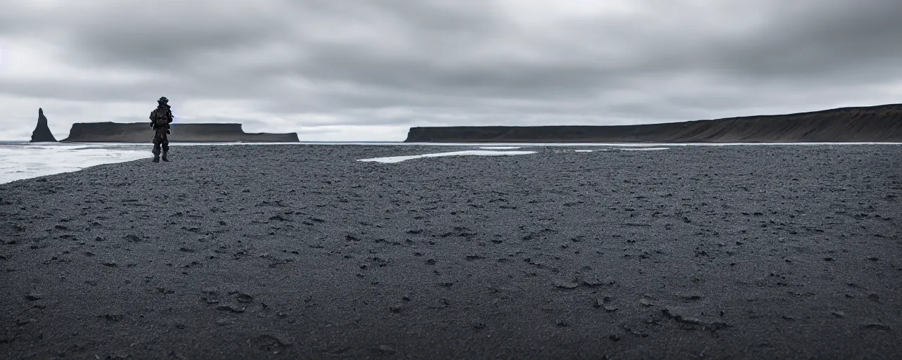 Image similar to low angle cinematic shot of lone futuristic soldier in the middle of an endless black sand beach in iceland, iceberg, 2 8 mm